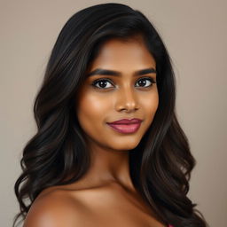 Portrait of a stunning Sri Lankan woman in her 30s with a round, attractive physique, emphasizing her confident and appealing bust