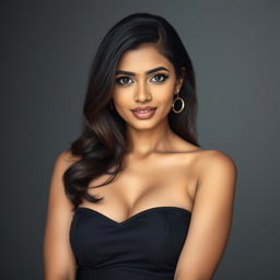 Portrait of a stunning Sri Lankan woman in her 30s with a round, attractive physique, emphasizing her confident and appealing bust