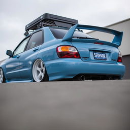 A 2001 baby blue Subaru WRX Bugeye with a sleek widebody design