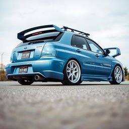 A 2001 baby blue Subaru WRX Bugeye with a sleek widebody design