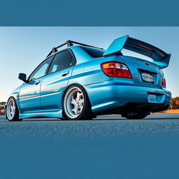 A 2001 baby blue Subaru WRX Bugeye with a sleek widebody design