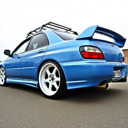 A 2001 baby blue Subaru WRX Bugeye with a sleek widebody design