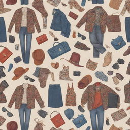 A stylish pattern showcasing a variety of fashionable clothing items, accessories, and associated motifs