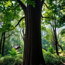 A majestic teak tree standing tall in a lush green forest