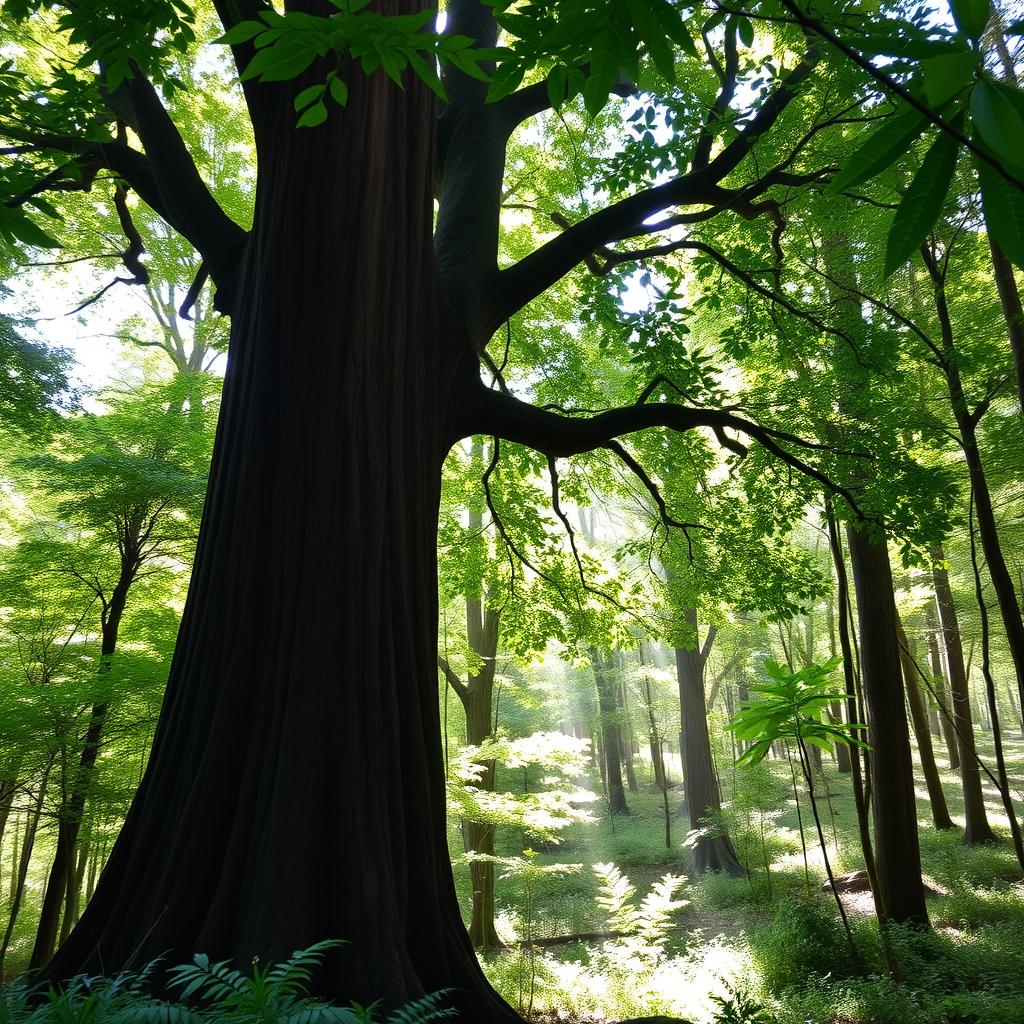 A majestic teak tree standing tall in a lush green forest