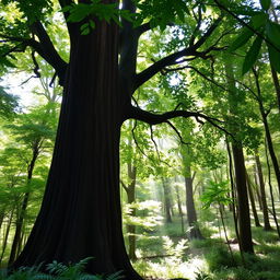 A majestic teak tree standing tall in a lush green forest