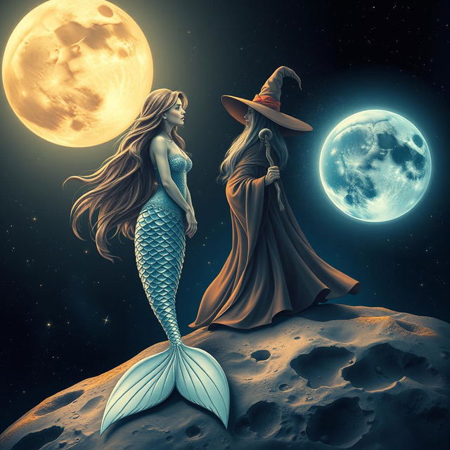 A mystical scene depicting a mermaid and a witch together on the surface of the moon, surrounded by a starry night sky