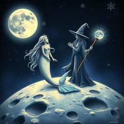 A mystical scene depicting a mermaid and a witch together on the surface of the moon, surrounded by a starry night sky