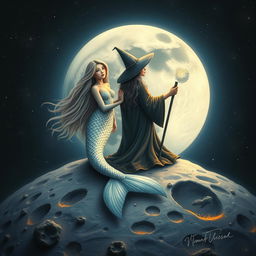 A mystical scene depicting a mermaid and a witch together on the surface of the moon, surrounded by a starry night sky