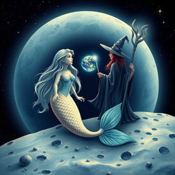 A mystical scene depicting a mermaid and a witch together on the surface of the moon, surrounded by a starry night sky