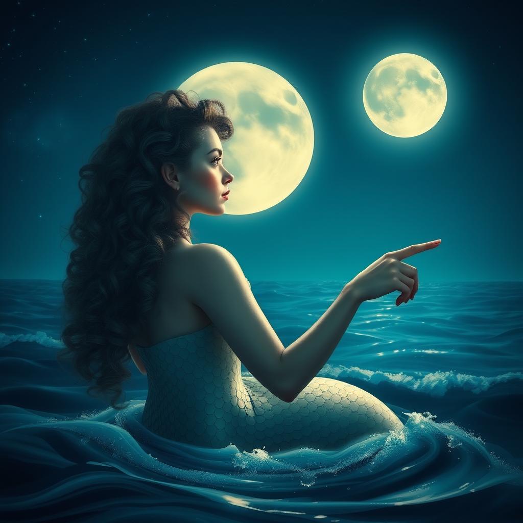 A captivating scene of a mermaid with curly hair pointing towards the moon