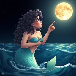 A captivating scene of a mermaid with curly hair pointing towards the moon