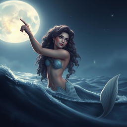 A captivating scene of a mermaid with curly hair pointing towards the moon