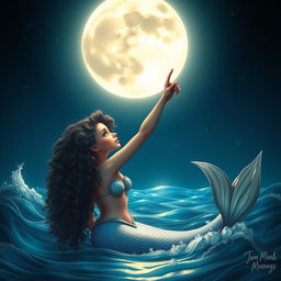 A captivating scene of a mermaid with curly hair pointing towards the moon