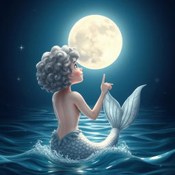 A magical scene featuring a mermaid with short curly hair pointing towards the moon