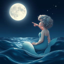 A magical scene featuring a mermaid with short curly hair pointing towards the moon