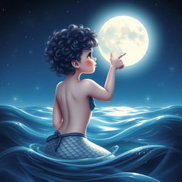 A magical scene featuring a mermaid with short curly hair pointing towards the moon