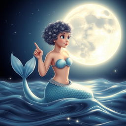 A magical scene featuring a mermaid with short curly hair pointing towards the moon