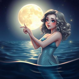 A mesmerizing scene featuring a mermaid with shoulder-length curly hair, pointing and looking towards the moon