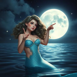 A mesmerizing scene featuring a mermaid with shoulder-length curly hair, pointing and looking towards the moon