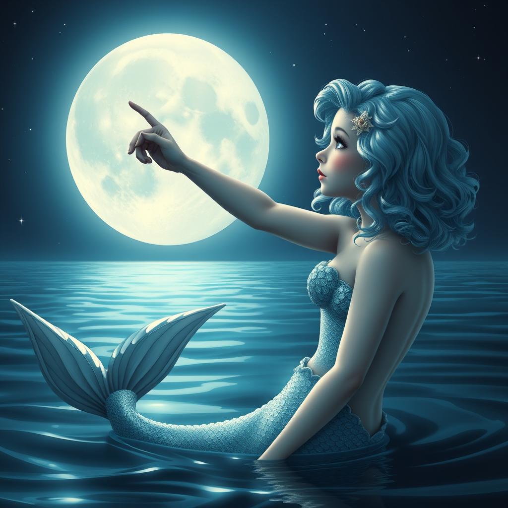 A mesmerizing scene featuring a mermaid with shoulder-length curly hair, pointing and looking towards the moon