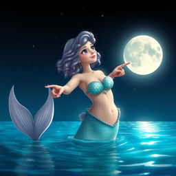 A mesmerizing scene featuring a mermaid with shoulder-length curly hair, pointing and looking towards the moon