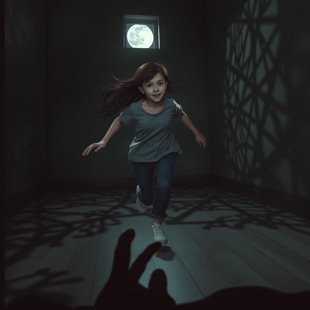 A teenage girl running through a dimly lit room with only a hint of moonlight filtering through a small window