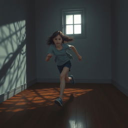 A teenage girl running through a dimly lit room with only a hint of moonlight filtering through a small window