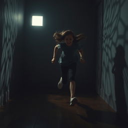 A teenage girl running through a dimly lit room with only a hint of moonlight filtering through a small window