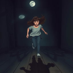 A teenage girl running through a dimly lit room with only a hint of moonlight filtering through a small window