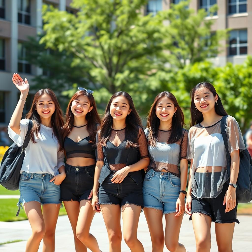 A group of stylish Asian college girls enjoying a sunny day on campus, each wearing fashion-forward, see-through clothing that adds a modern and playful touch to their outfits