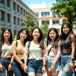 A group of stylish Asian college girls enjoying a sunny day on campus, each wearing fashion-forward, see-through clothing that adds a modern and playful touch to their outfits