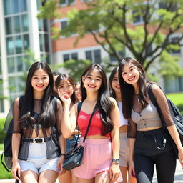 A group of stylish Asian college girls enjoying a sunny day on campus, each wearing fashion-forward, see-through clothing that adds a modern and playful touch to their outfits