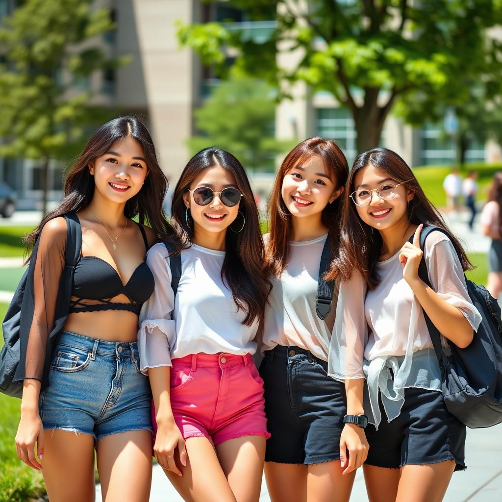 A group of stylish Asian college girls enjoying a sunny day on campus, each wearing fashion-forward, see-through clothing that adds a modern and playful touch to their outfits