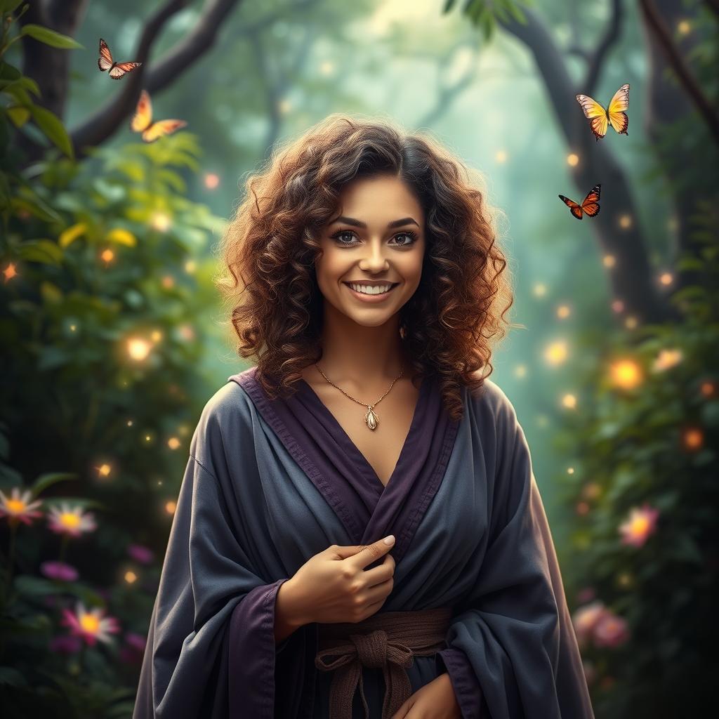 Smiling good witch with curly hair, wearing a mystical robe, standing in an enchanting forest