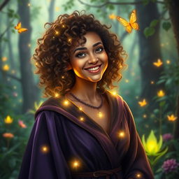 Smiling good witch with curly hair, wearing a mystical robe, standing in an enchanting forest