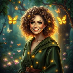 Smiling good witch with curly hair, wearing a mystical robe, standing in an enchanting forest