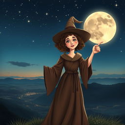 Good witch with curly hair pointing at the moon, standing on a hilltop under a starry night sky