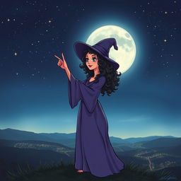 Good witch with curly hair pointing at the moon, standing on a hilltop under a starry night sky