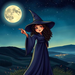 Good witch with curly hair pointing at the moon, standing on a hilltop under a starry night sky