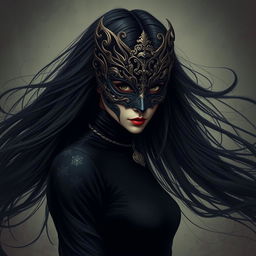 A mysterious woman wearing an intricate, ornate mask and dressed in all black