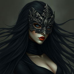 A mysterious woman wearing an intricate, ornate mask and dressed in all black