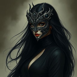 A mysterious woman wearing an intricate, ornate mask and dressed in all black