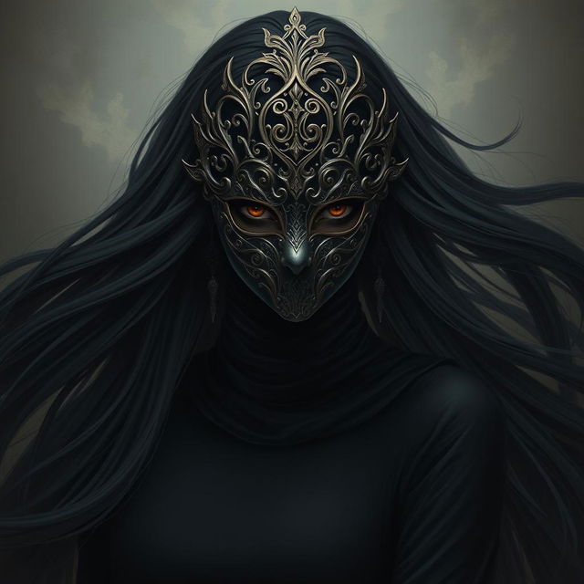 A mysterious woman wearing an intricate, ornate mask and dressed in all black