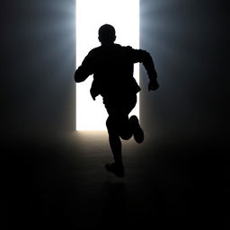 A silhouetted figure, entirely black, sprinting energetically across a dimly lit room towards a bright, inviting light at the far end