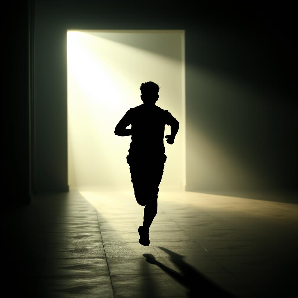 A silhouetted figure, entirely black, sprinting energetically across a dimly lit room towards a bright, inviting light at the far end