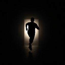 A silhouetted figure, entirely black, sprinting energetically across a dimly lit room towards a bright, inviting light at the far end