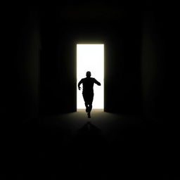 A silhouetted figure, entirely black, sprinting energetically across a dimly lit room towards a bright, inviting light at the far end