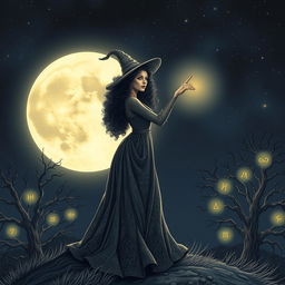 Witch with curly hair pointing at the moon, standing on a hilltop under a starry night sky