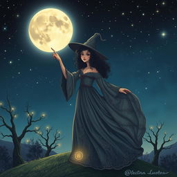 Witch with curly hair pointing at the moon, standing on a hilltop under a starry night sky